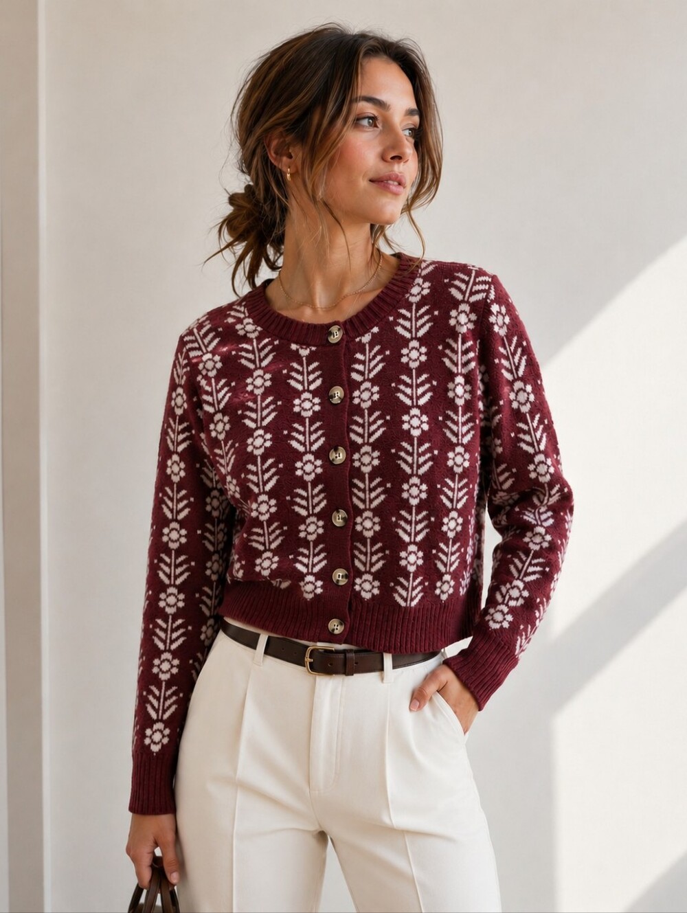 Love Knits NYC Cropped Floral Button Up Sweater Cardigan M